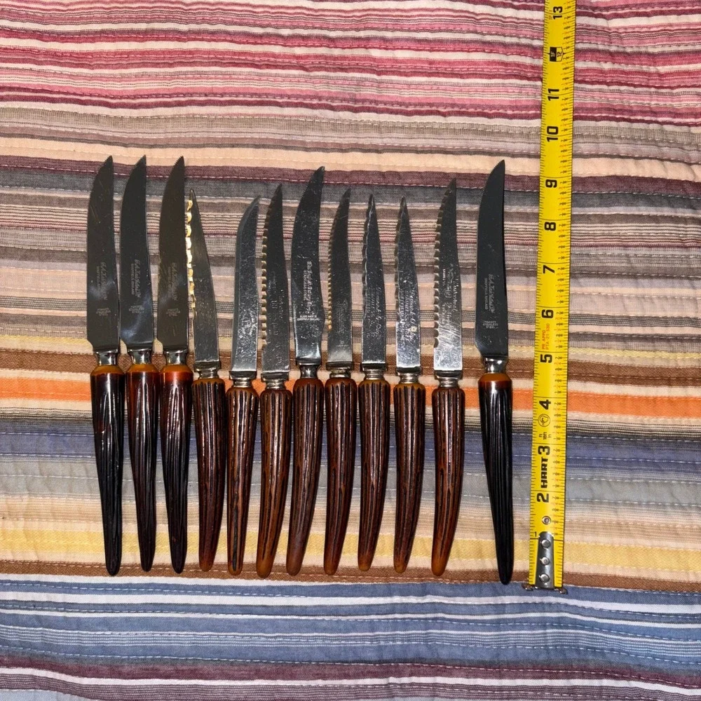 Vtg Sheffield Eng Steak & Butter Knife Set 13pc Faux Horn Handle Stainless Steel